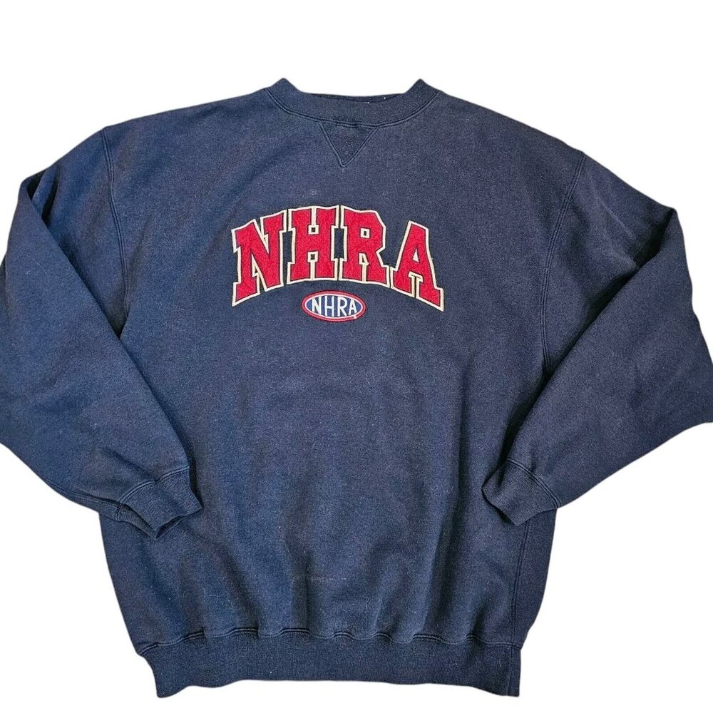 Y2K Vintage NHRA Embroidered Crewneck Sweatshirt Sz Large Navy Blue Drag Racing